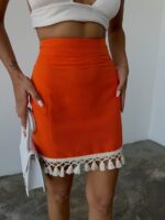Linen Skirt Orange With Tassels - Image 2