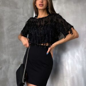 Stylish Two-Piece Black Blouse & Shorts-Skirt Set